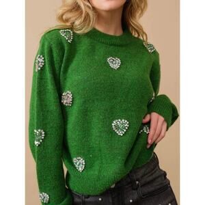 Blue b. Rhinestone Heart Sweater w Sequins Wool Blend Green Sz L Kawaii Holiday
